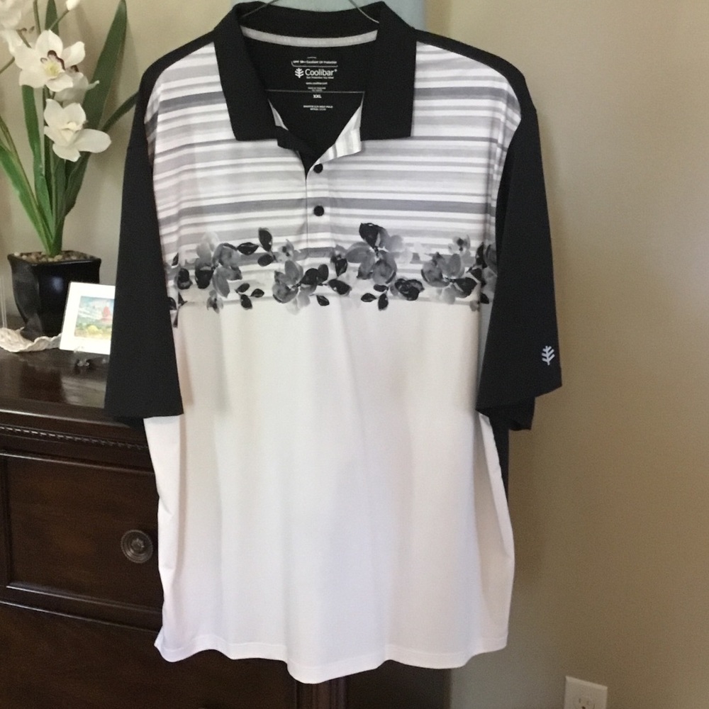 Coolibar-EUC-Men’s Black and White Floral Stripe Polo